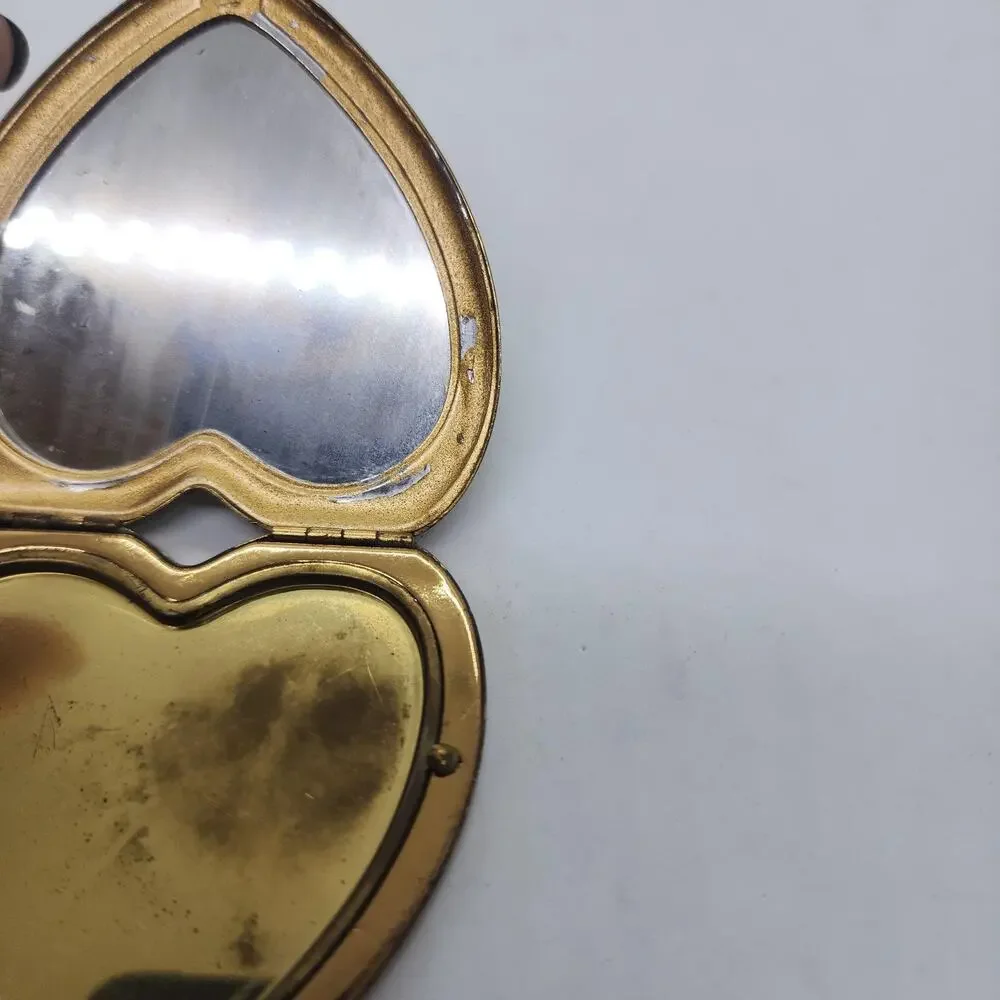 Vintage Heart Compact Lovebirds Mirror Powder Case USA Gold Tone Enamel RARE